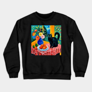 Cute Black Cat with Fruit and Flowers Still Life Painting Crewneck Sweatshirt